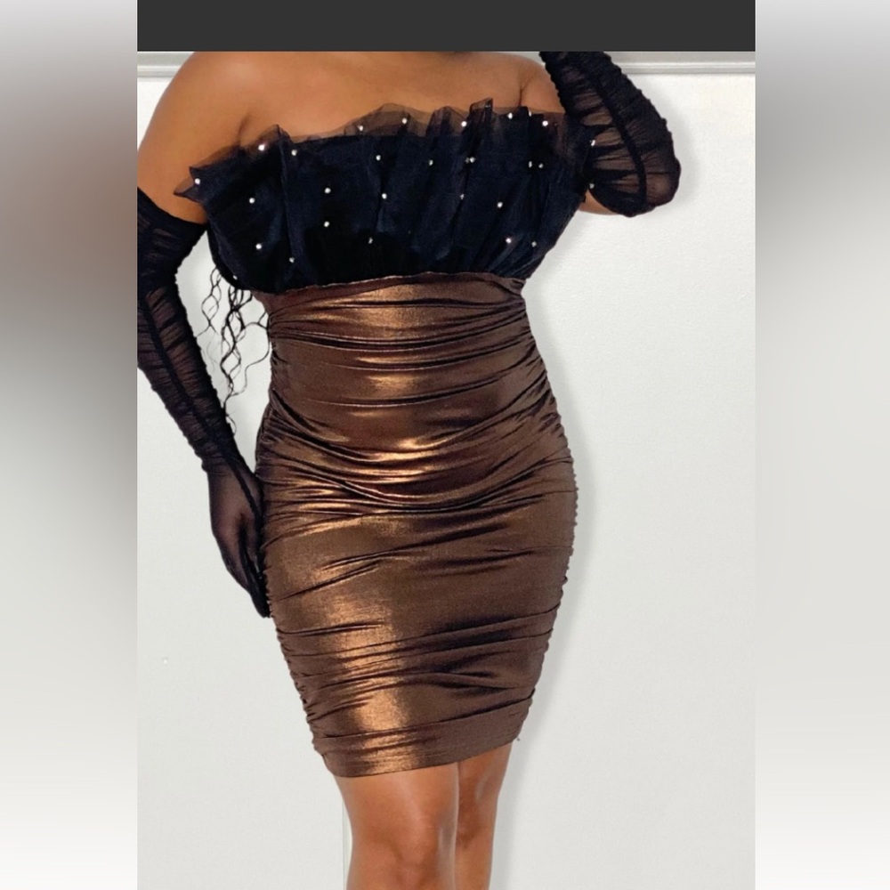 Sexy Strapless Metallic Brown Mini Dress with Black Accents